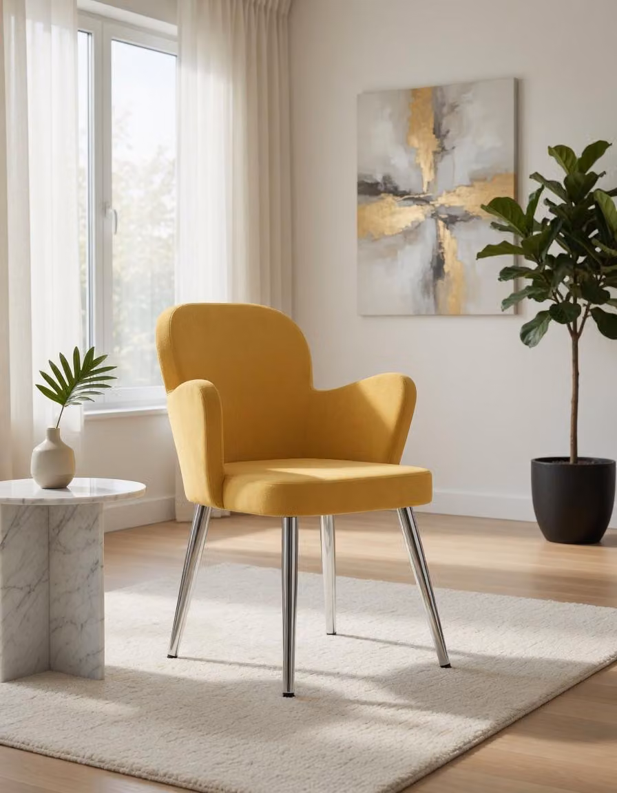 Elegante sedia gialla dal design ergonomico e con gambe robuste