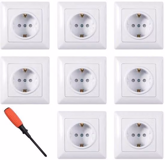 Set di 8 prese Schuko da incasso | Prese a muro con protezione per bambini e maggiore sicurezza al tatto, 1 vano, bianco, 82 mm, per soggiorno, cucina e ufficio
