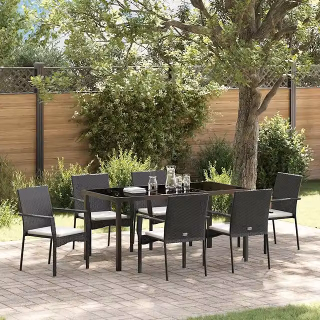 Set da pranzo per giardino e terrazzo vidaXL in polyrattan nero con tavolo in vetro, 7 pezzi – 1