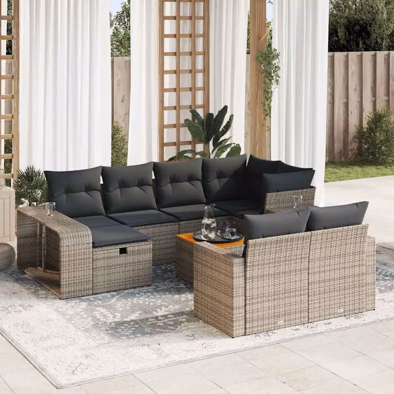 Set di divani da giardino vidaXL 11 pezzi in rattan grigio con cuscini e tavolino da esterno a forma di U