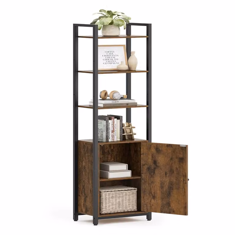 Libreria Scaffale Verticale con Anta Struttura in Metallo Ripiani Regolabili, Marrone Vintage + Nero Inchiostro / 24 x 40 x 159,5 cm