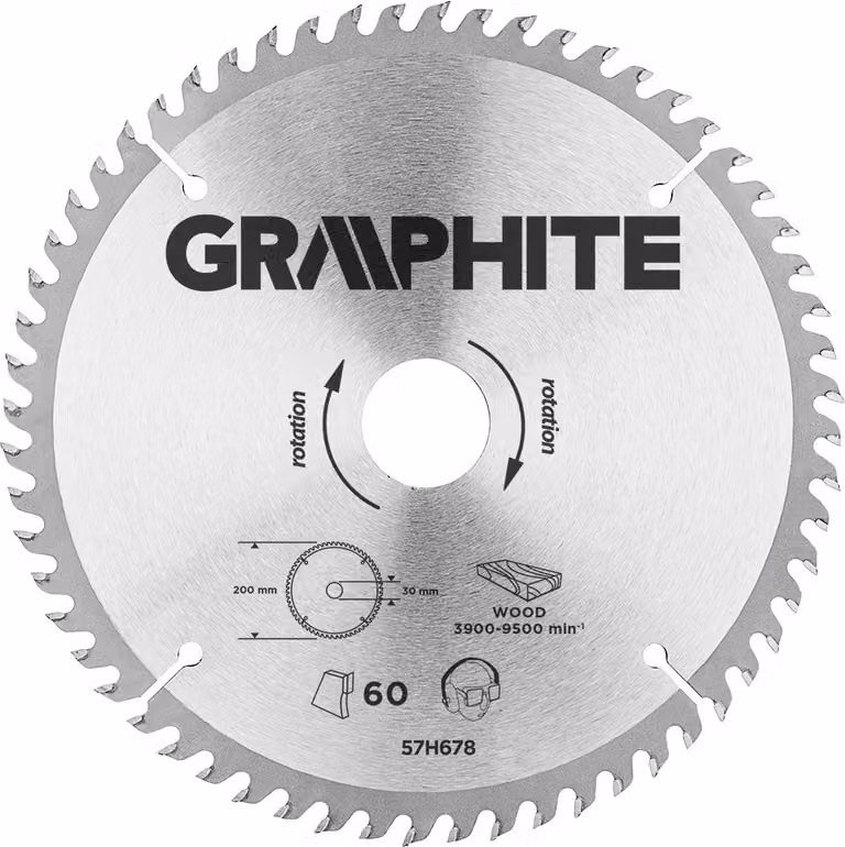 GRAPHITE Disco da taglio in Widia 200 x 30 mm, 60 denti, spessore del disco 2,2 mm, spessore del dente 3,2 mm, riduttori: 30 x 16 mm, 30 x 20 mm, 30 x 25,4 mm