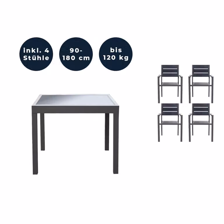 Home Deluxe - Tavolo da giardino allungabile - VERANO - ca. 90 (180) x 90 x 75 cm - incl. 4 sedie, struttura in alluminio, piano in vetro, incl. accessori I Set da giardino tavolo allungabile per balcone