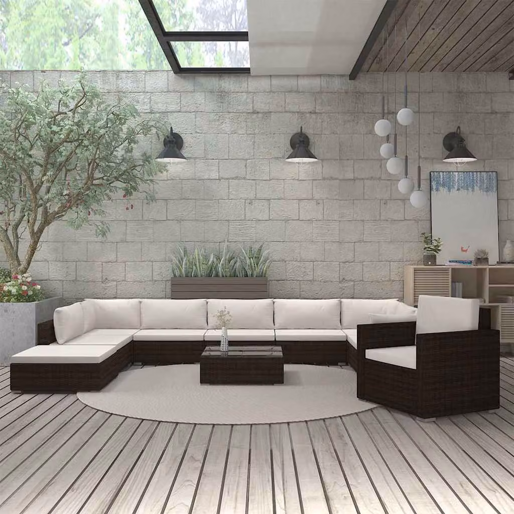 Set di divani da giardino vidaXL 11 pezzi in rattan marrone con cuscini beige e tavolino da esterno – 1