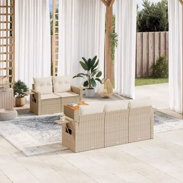 Set Divano da Giardino a L vidaXL in Polyrattan con Cuscini Beige e Tavolino da Caffè per 6 Persone – 1