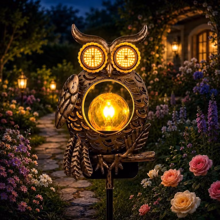 Lampada solare a forma di gufo, luce bianco caldo, grado di protezione IP65, batteria da 600 mAh, autonomia di 8-10 ore, ideale per il giardino