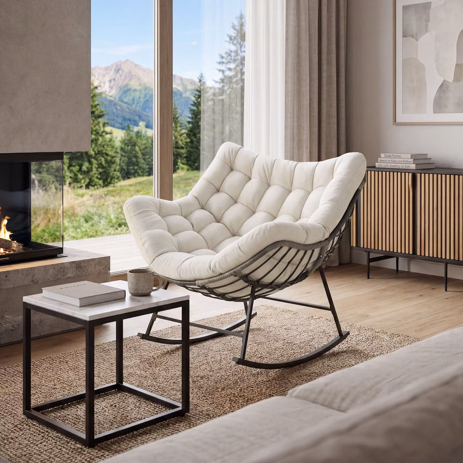 Poltrona a dondolo Tami TecTake GmbH imbottita con motivo trapuntato beige – 2