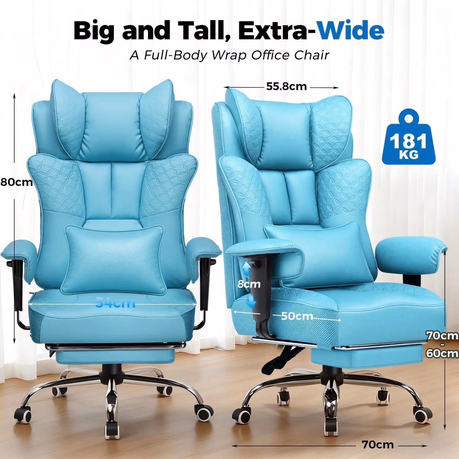 Sedia da gaming, sedia da ufficio - Sedia ergonomica con poggiapiedi - Schienale regolabile fino a 150° - Regolabile in altezza e girevole con rotelle - Rivestita in ecopelle - Colore: azzurro cielo