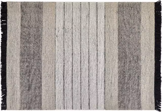 Tappeto rettangolare intrecciato a mano Beliani in lana e cotone con frange, beige e nero, L: 230 cm, P: 160 cm