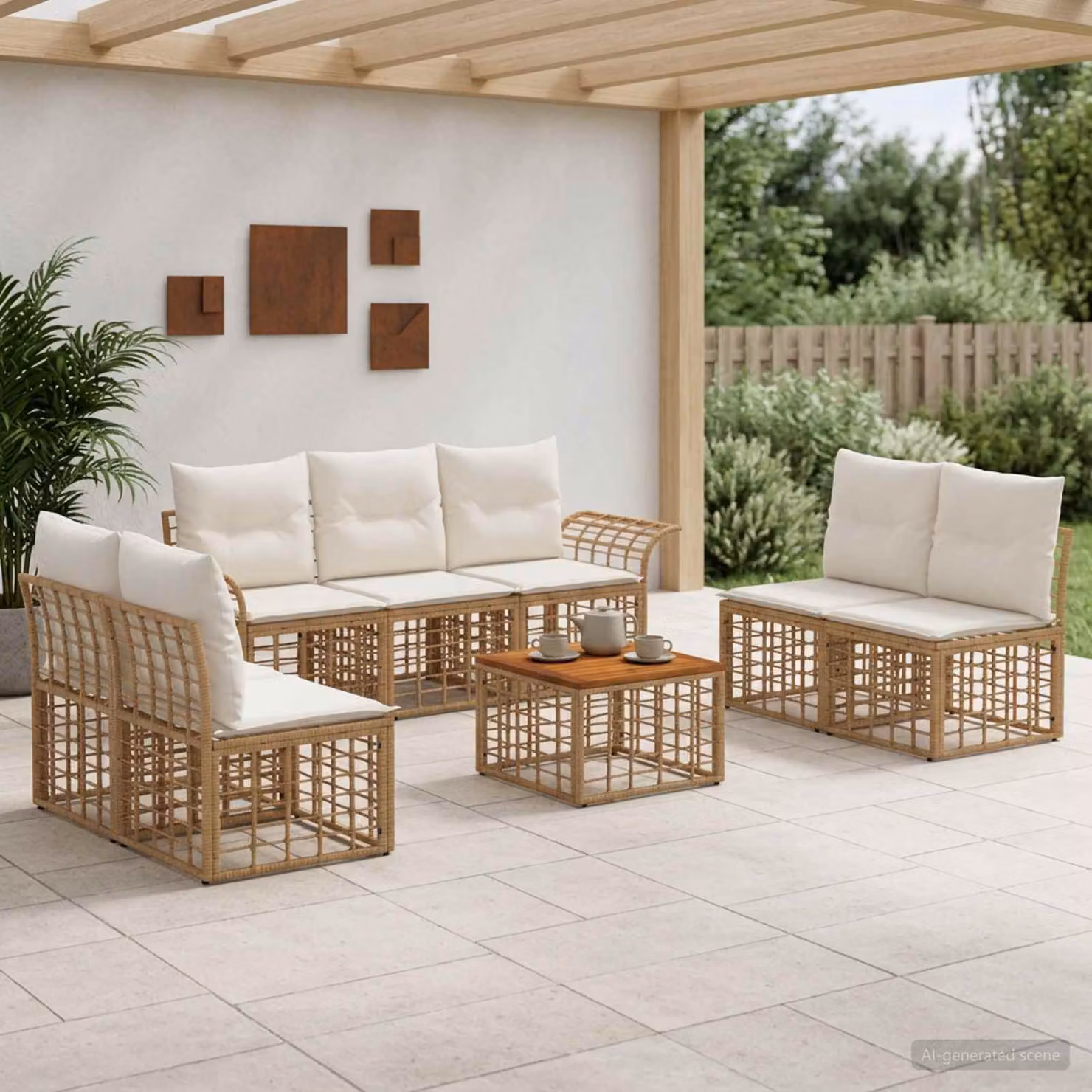 vidaXL Set di divani da esterno 8 pezzi da 7 posti in stile rustico, colore beige e bianco crema, con struttura in acciaio e legno di acacia e cuscini inclusi