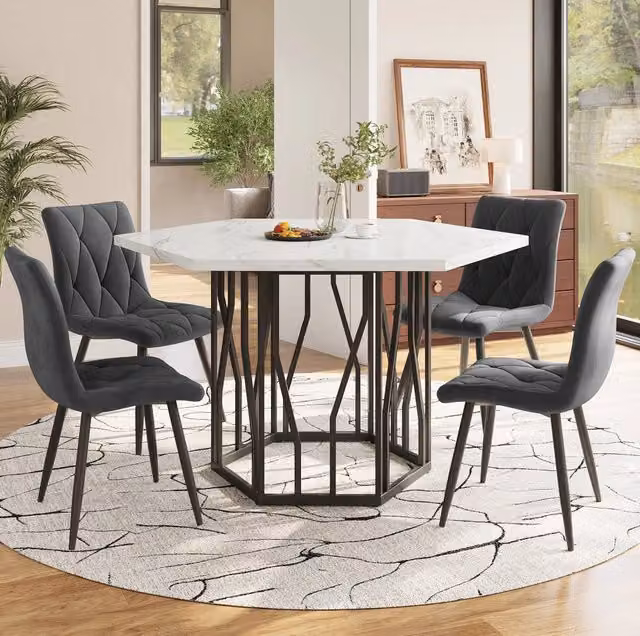 Set da pranzo 5 pezzi con tavolo esagonale in marmo bianco e 4 sedie in velluto grigio