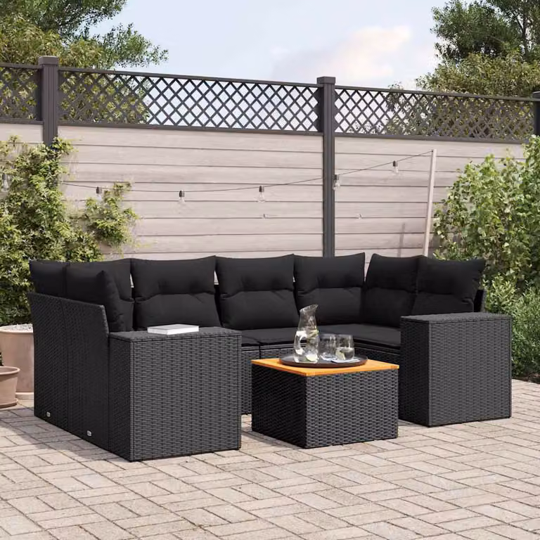 Set Divani da Giardino a L vidaXL in Polyrattan Nero con 7 Cuscini e Tavolino da Esterno
