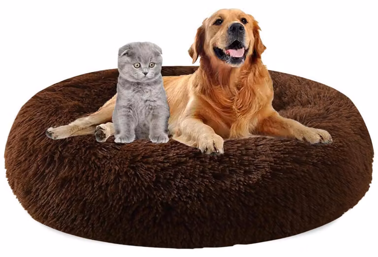 Cuccia per cani, forma a ciambella, diametro 110 cm, colore marrone, in peluche, lavabile, antiscivolo