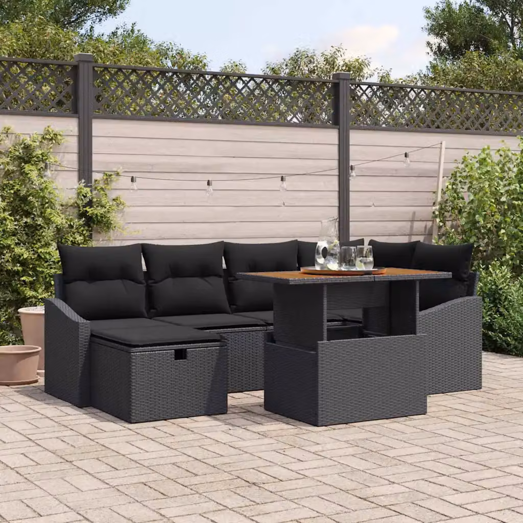 Set Divano da Giardino Moderno vidaXL 7 Pezzi con Cuscini Nero in Polyrattan e Acciaio – 1