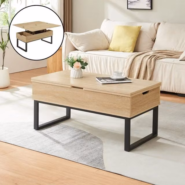 Tavolino da caffè Rauli en.casa con piano sollevabile apribile, design moderno rettangolare in effetto legno marrone e nero
