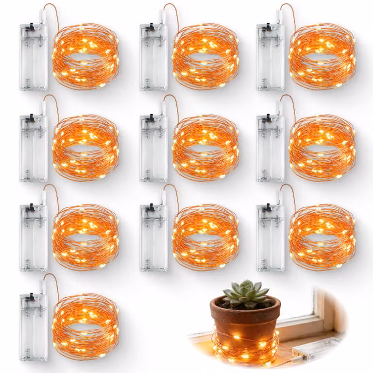 Catena luminosa a LED, lunghezza 3 metri, 30 LED bianco caldo, alimentazione a batteria, confezione da 10 pezzi