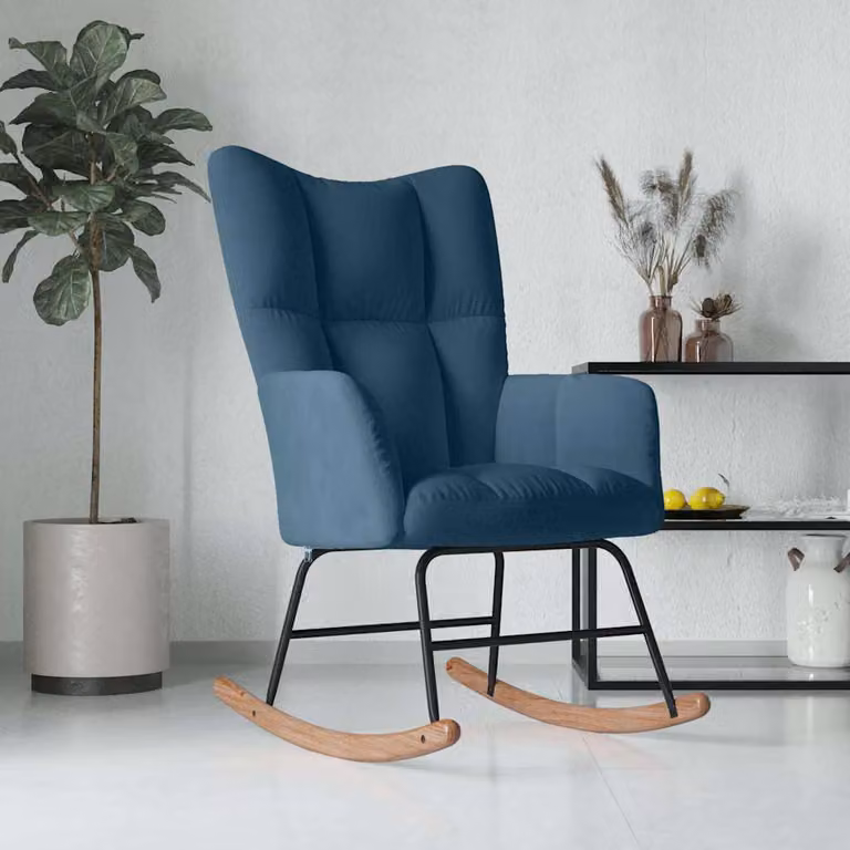 Sedia a dondolo moderna vidaXL in velluto blu con braccioli e struttura mista
