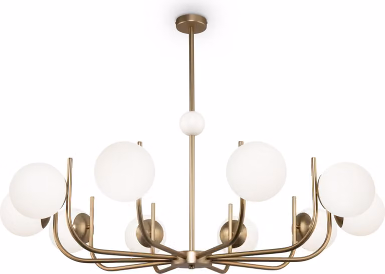 Lampadario Contemporaneo Rendez-Vous Metallo Ottone 10 Luci E Diffusori Bianchi
