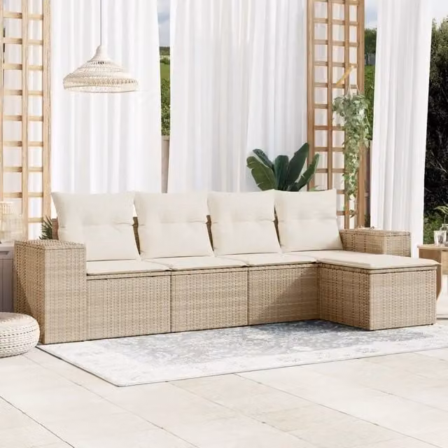 Set Divano da Giardino 5 Pezzi vidaXL con Cuscini Beige e Struttura in Metallo e Polyrattan
