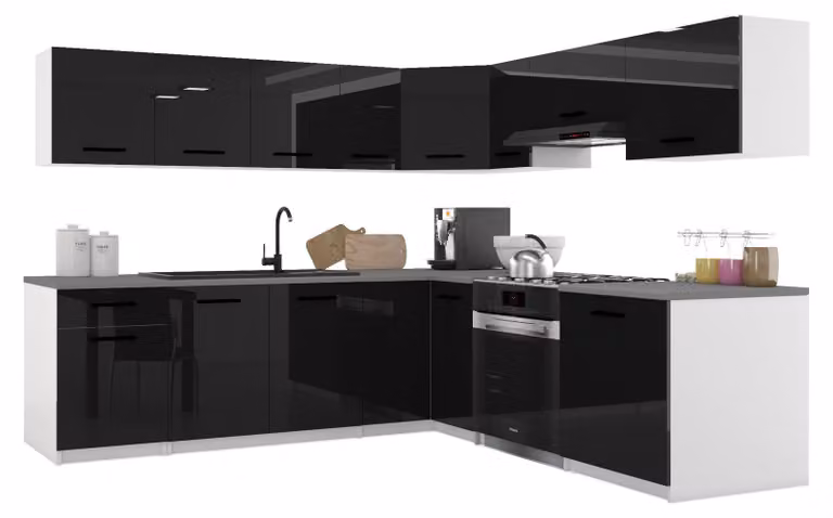 Belini - Angolo cottura moderno ITALIA 7 - Mobili da cucina 420 cm nero - Cucina componibile con pensili, mobili base e piani di lavoro