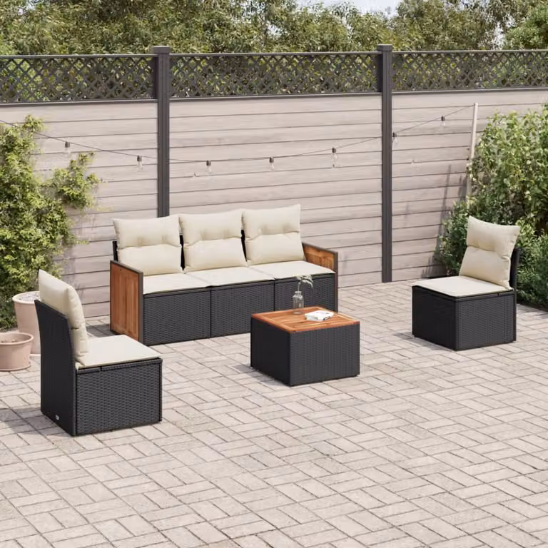 vidaXL Set Divano da Giardino 6 pz in Polyrattan con Cuscini e Tavolino da Caffè Nero e Bianco