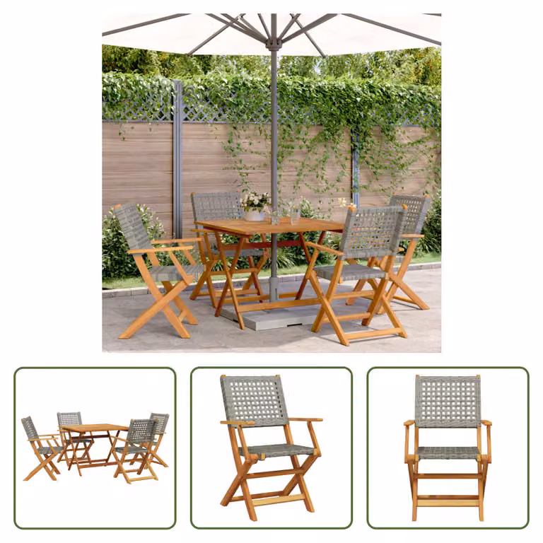 The Living Store Set da pranzo da giardino 5 pezzi in rattan sintetico grigio e legno massello
