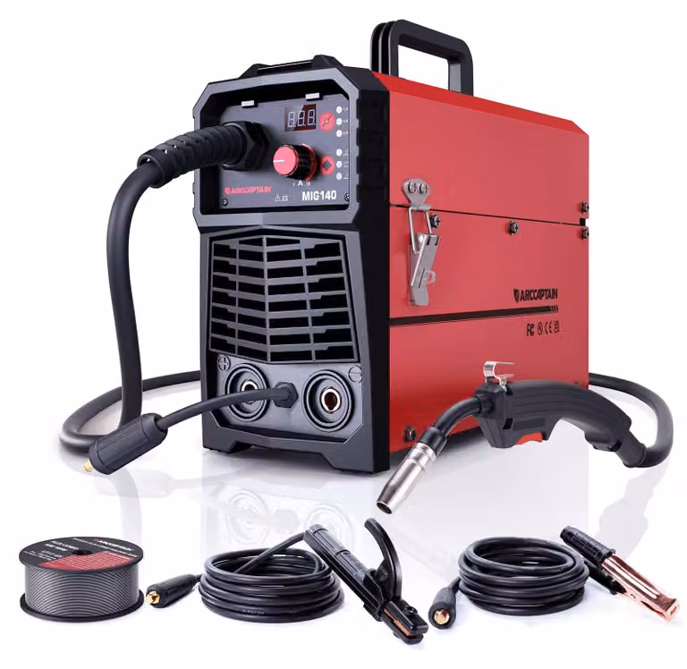 Saldatrice MIG MAG 140A con tecnologia IGBT, 140 Watt, compatta, ideale per la saldatura di acciaio da costruzione