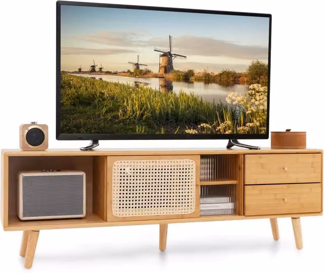 Costway Mobile TV in Bambù Naturale con Porte in Vetro e Rattan, Mobile Moderno per Soggiorno e Camera da Letto, L: 140 cm, P: 31 cm, H: 45,5 cm – 1