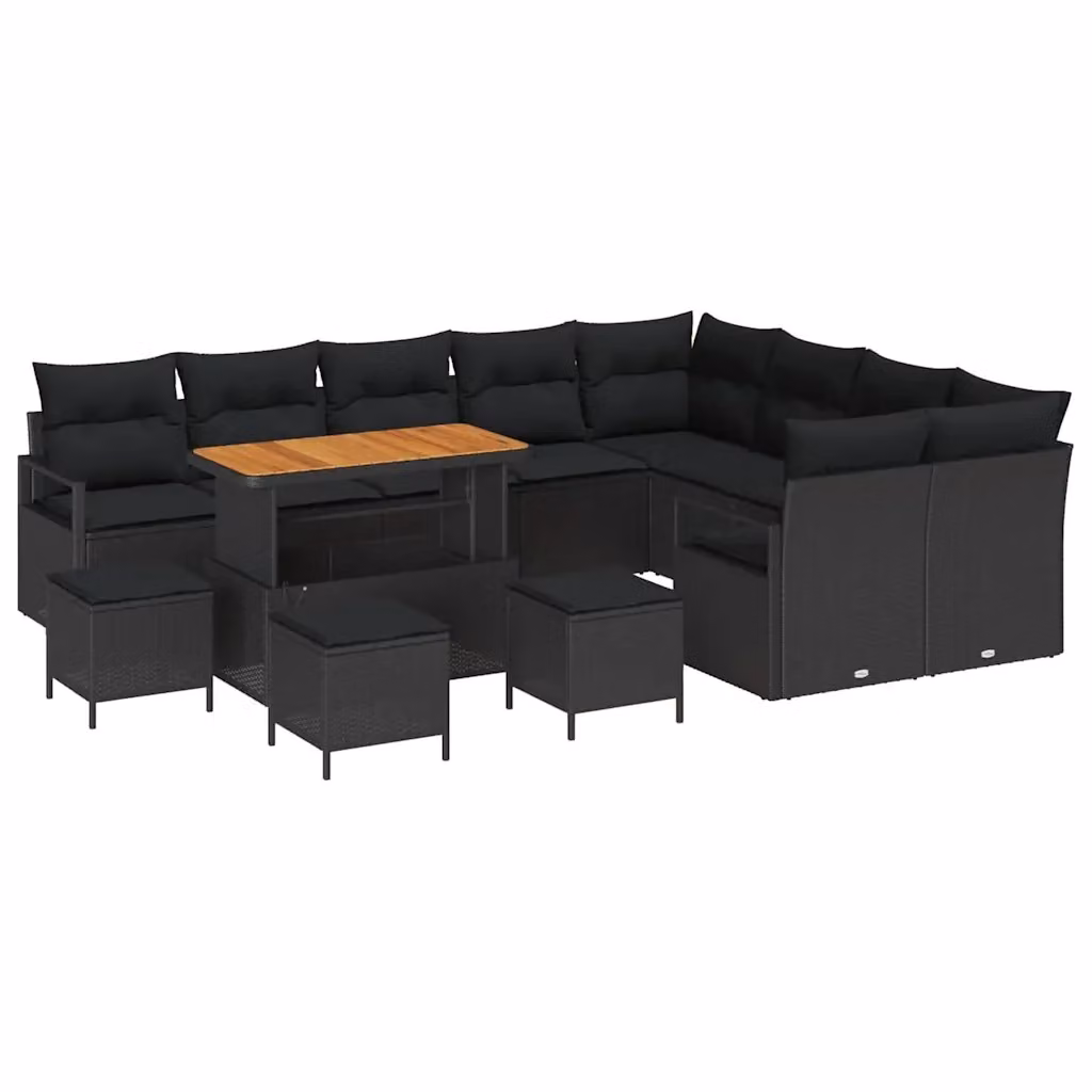 Set Divano da Giardino vidaXL a Forma di U in Polyrattan Nero con 13 Pezzi, Comprensivo di Cuscini e Tavolino da Esterno – 2