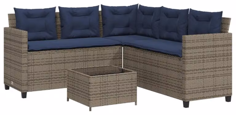 Divano da giardino a forma di L con tavolo e cuscini, grigio, in rattan sintetico