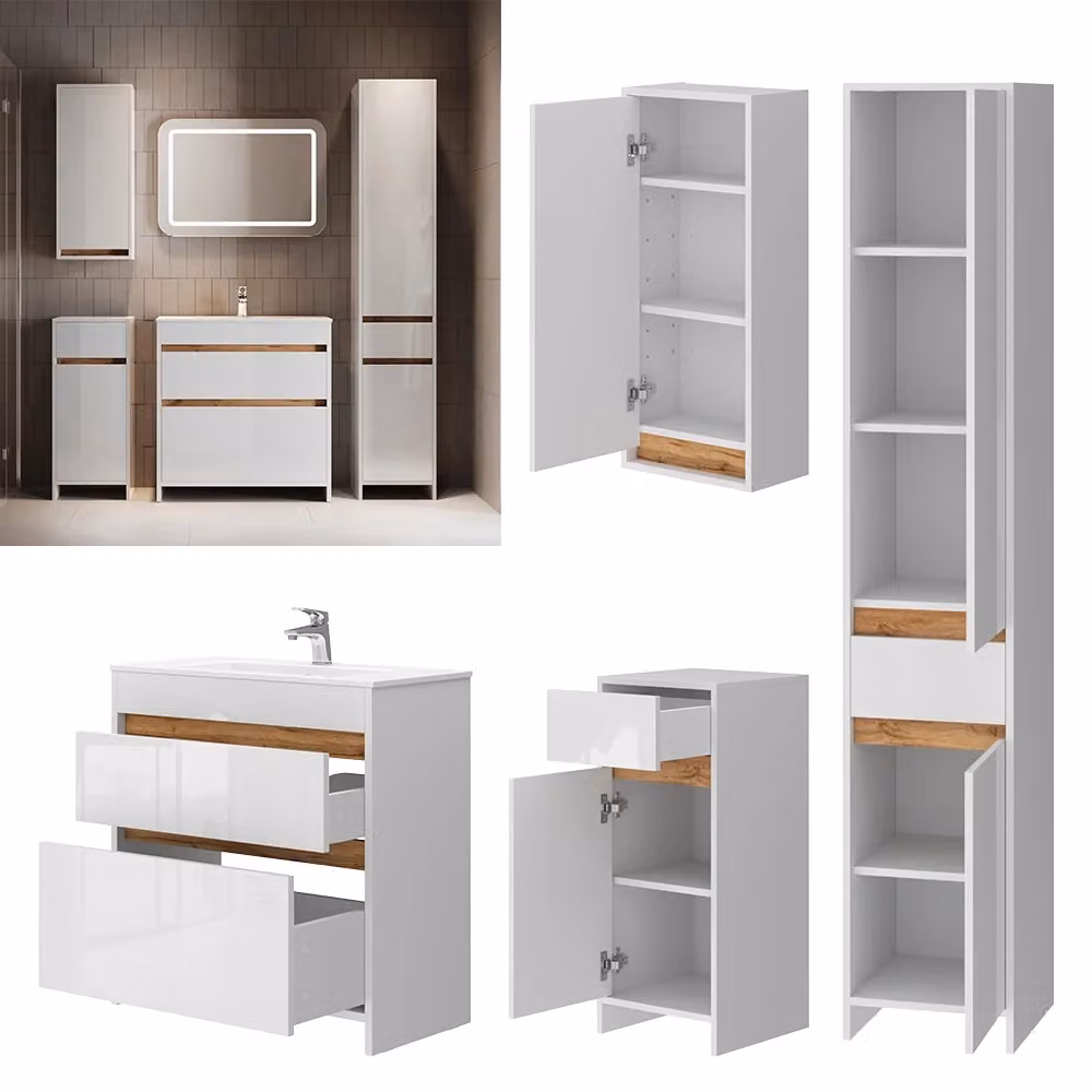 Set di mobili da bagno Vicco Detmold composto da 5 pezzi in bianco lucido e rovere dorato con illuminazione LED – 2