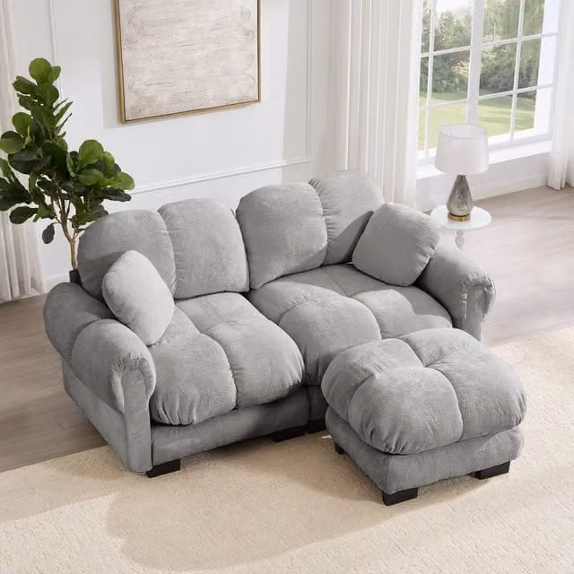 Divano angolare modulare 190x149x90 cm con pouf mobile in ciniglia grigio chiaro