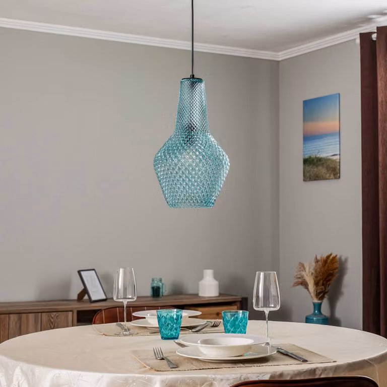 Lampada a sospensione in vetro Drakar Lindby, dimmerabile, Blu, Soggiorno / Sala da pranzo, Vetro, Vintage, Lampada a sospensione