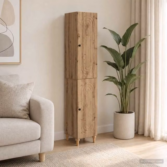 Set di 2 armadi moderni vidaXL in legno color rovere marrone con ante a battente e illuminazione integrata per soggiorno o esterno – 1