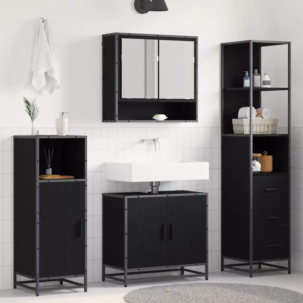 Set di mobili per il bagno vidaXL 3 pezzi in rovere e nero con specchio, mobile lavabo e colonna alta, L/P/H: 65,0 x 37,5 x 166,0 cm – 1