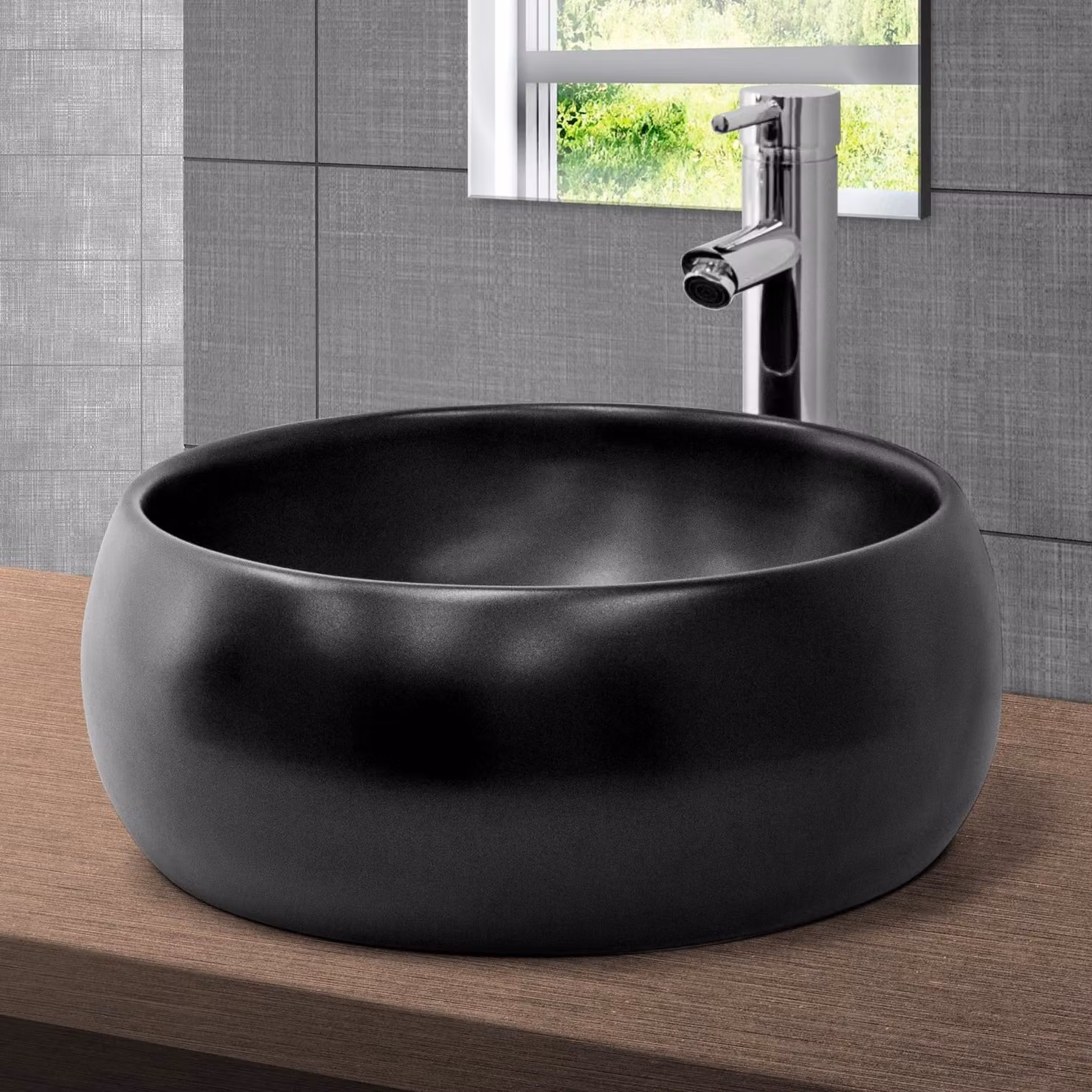LuxeBath Lavabo da appoggio rotondo, Ø 40x15,5 cm, nero opaco, in Vetroceramica