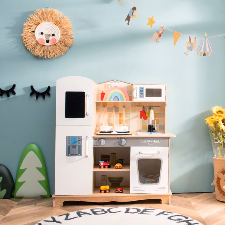 Cucina giocattolo Costway in legno con suoni, luci e accessori completi, disponibile in bianco o marrone