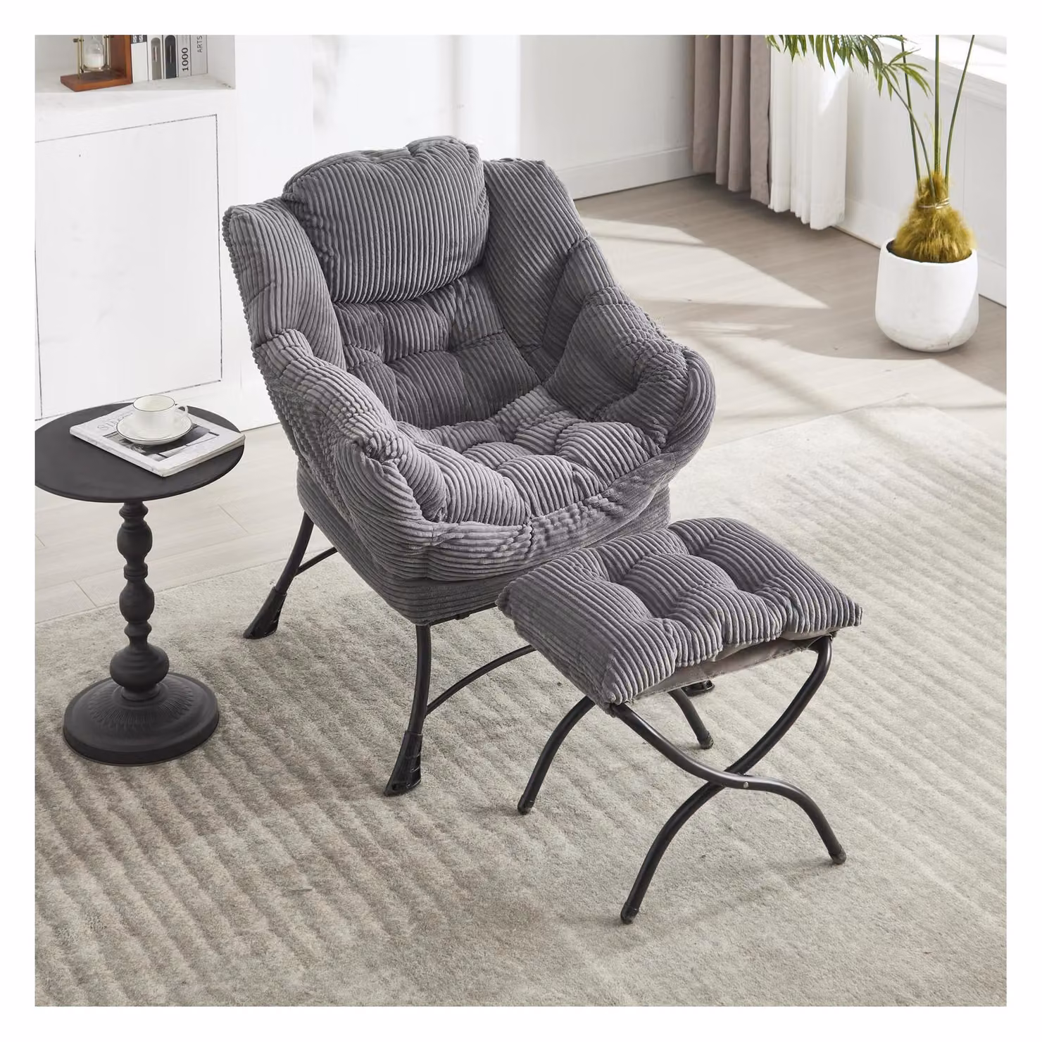 Poltrona lounge con pouf e braccioli in tessuto grigio, struttura in metallo, L: 69,9 cm, P: 64,0 cm, H: 95,0 cm – 2