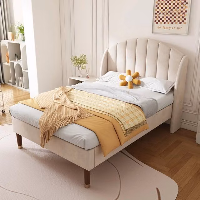 Letto singolo imbottito Minimal in velluto beige con rete a doghe L/P/H: 90 x 200 cm – 1