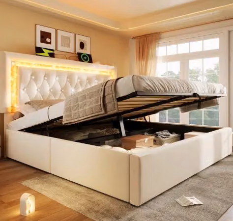 Letto imbottito beige 160 x 200 cm con LED, ricarica USB, contenitore e materasso