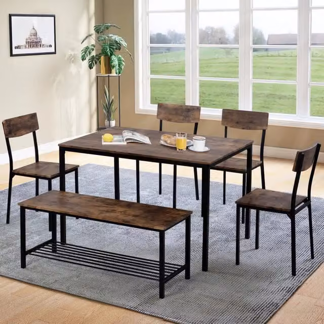 Set da pranzo REDOM composto da tavolo rettangolare e 6 sedie in stile industriale, colore marrone e nero, realizzato in MDF e metallo – 1