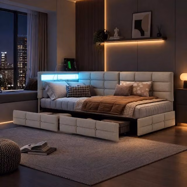Divano letto multifunzionale 90x200 cm; letto imbottito a L con LED e USB; Letto Singolo con Rete a doghe e Testiera con Contenitore; Lino Beige