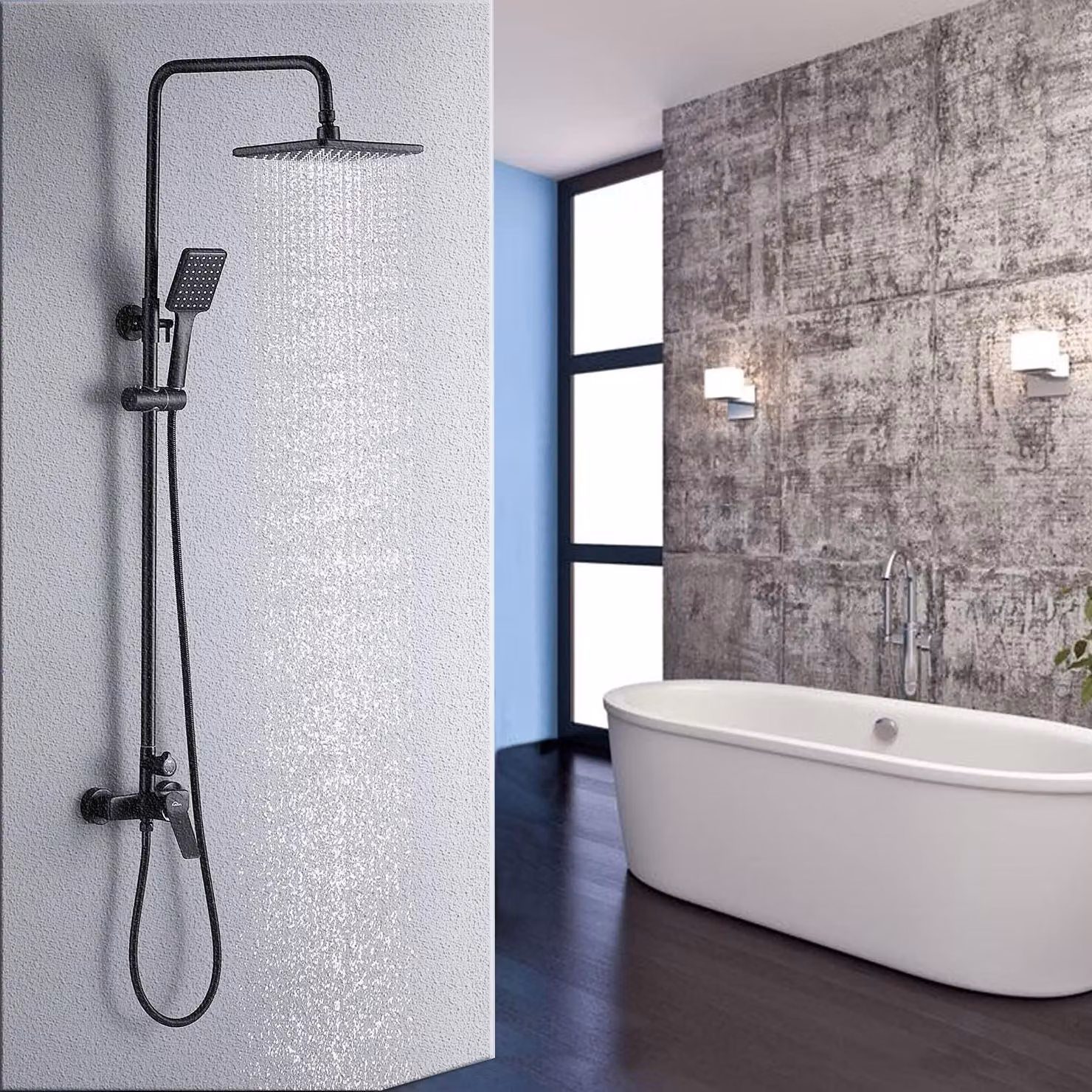 Sistema doccia con soffione da 11 pollici e doccetta manuale, con altezza regolabile da 90 a 120 cm, colore nero