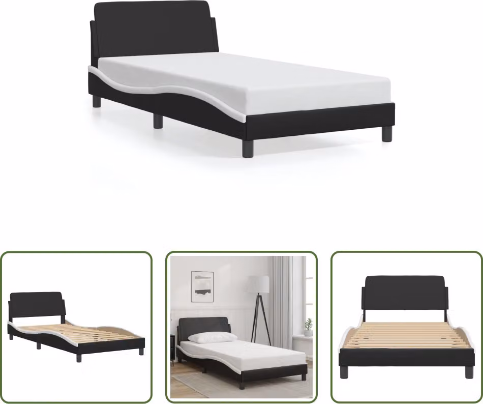 The Living Store Struttura letto con testiera bianca e nera 100x200 cm in ecopelle