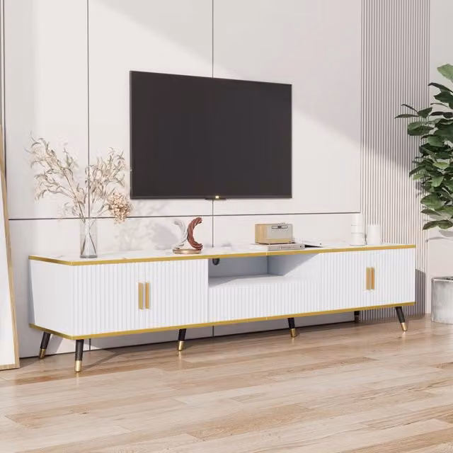 Mobile TV moderno WISHDOR bianco lucido con gestione cavi L/P/H: 200 x 40 x 46 cm