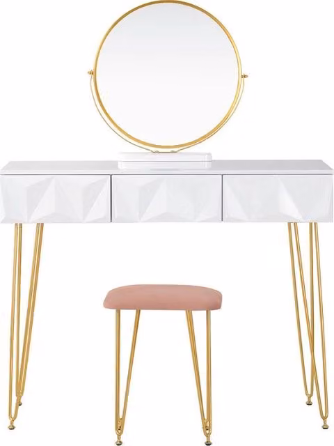Dressing Table - Tavolo da Trucco - Con Specchio - Comodino - Tavolo da Trucco di Lusso - Camera da Letto - Stile Moderno - Bianco/Oro/Rosso