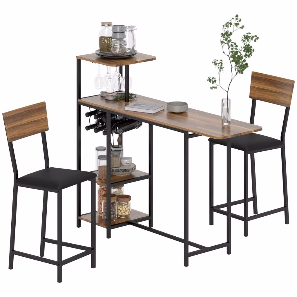 Bancone Bar Pieghevole XYLO con 2 Sgabelli e Portavini Marrone – 2