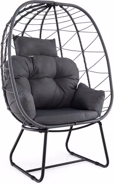 Poltrona sospesa a uovo Costway in rattan e metallo con cuscini rimovibili per giardino e terrazzo, Grigio, L: 100 cm x P: 76 cm x H: 145 cm