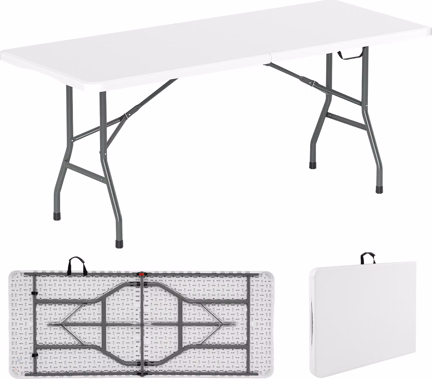 Tavolo da giardino COSTWAY 180x74 cm, tavolo da campeggio pieghevole, tavolo pieghevole con piano in HDPE e maniglia per il trasporto, tavolo da balcone per 6-8 persone, bianco