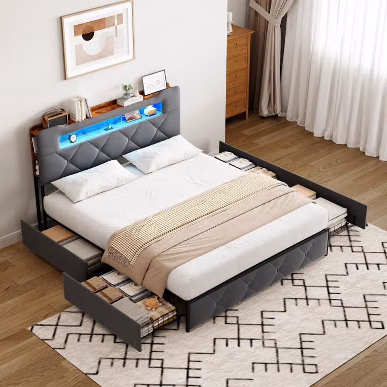 Letto contenitore 160 x 200 cm in velluto grigio con testiera illuminata e caricatore integrato, 4 cassetti, struttura in metallo